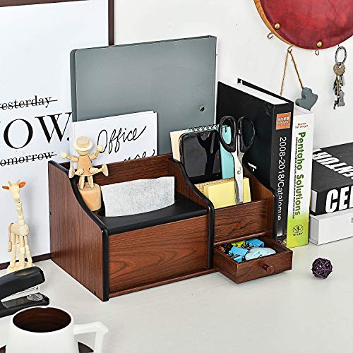 Cherry Brown Wood Desk Organizer Tissue Box Lid Multiple Slots Drawer Tabletop Storage Cabinet Solid Wood Phone Tablet Remote Control Holder Office Supplies Caddy Accessory Sorter Home