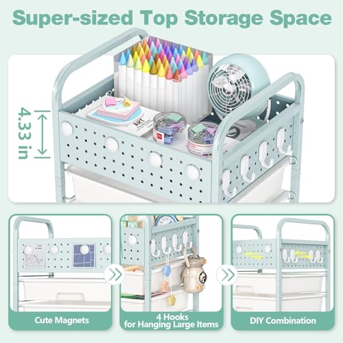 5 Drawer Rolling Storage Cart with Pegboard Top and Hooks, Green - color: Green, size: 5-Drawers