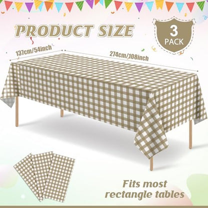 3Pcs Brown Gingham Tablecloths, Checkered Party Table Covers 54x108 In - color: Khaki and White