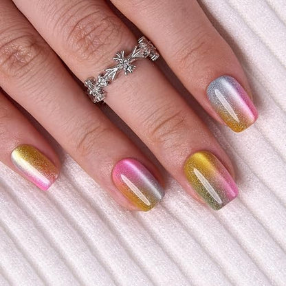 CurvLife Shrot Sqaure Press On Nails, Multi-Color Cat Eye, Soft Gel - color: multi-color cat eye nails