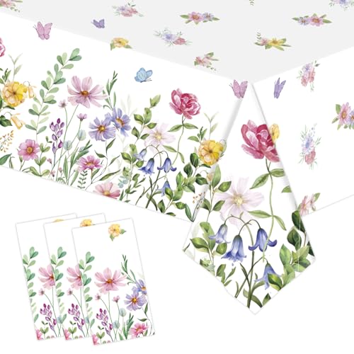 3Pcs Wildflower Plastic Tablecloths, Disposable Floral Butterfly Tablecover - color: Floral