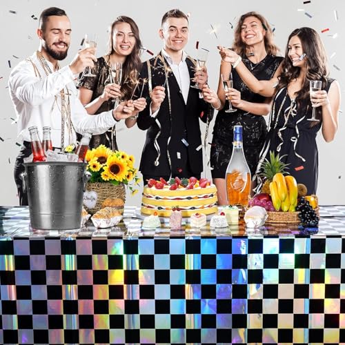 OQOQ Iridescent Checkered Tablecloth 2 Packs, Black & Sliver, 54x108 Inches - color: Black Silver Checkered