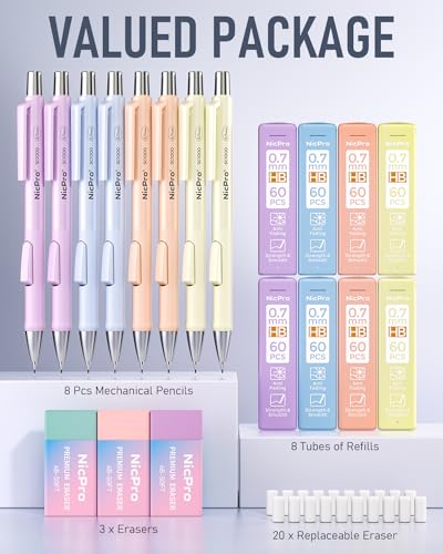 Nicpro 8 Pack Pastel Mechanical Pencil 0.7mm, Cute Pencils Fast Click - style: 8PCS-0.7mm