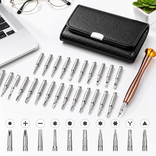 Precision Screwdrivers, 25-1 Repair Kit, Screwdriver Set with Leather Case, Professional Opening Tools for Mobile Laptop Glasses, Star/Y-type/Flat-blade/Triangle Screwdrivers