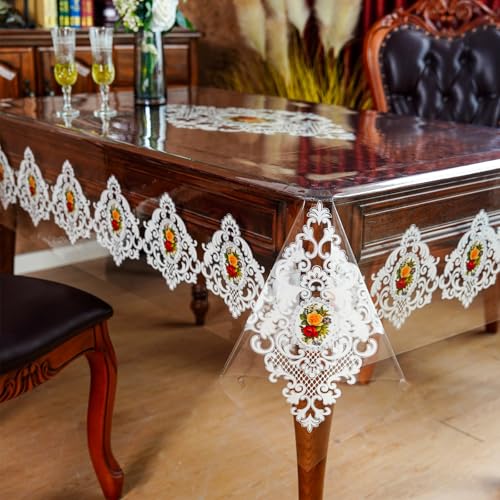 ARTABLE Clear Vinyl Tablecloth Lace Floral Print Wipeable 52 x 70 Inch - color: Lace-1, size: 70" x 52" (Rectangular)