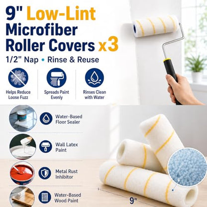 Paint Roller Kit with 4 ft Extension Pole, 8-Piece DIY Painting Tool Set with 9" Smooth Rolling Frame, 3 Low-Lint Microfiber Covers, 11" Tray, Brush & Putty Knife for Walls, Ceilings & Trim