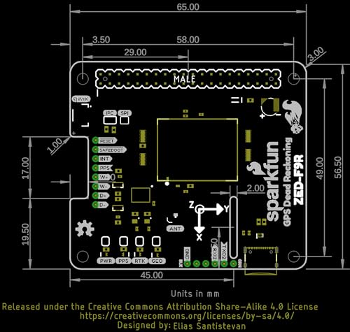 SparkFun GPS-RTK Dead Reckoning pHAT for Raspberry Pi, 3D IMU Sensor, Wheel Ticks, a Vehicle Dynamics Model, Correction Data, and GNSS Measurements. Dimensions: (2.56" x 2.22")