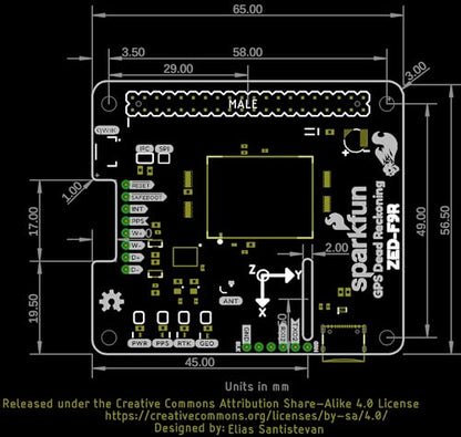 SparkFun GPS-RTK Dead Reckoning pHAT for Raspberry Pi, 3D IMU Sensor, Wheel Ticks, a Vehicle Dynamics Model, Correction Data, and GNSS Measurements. Dimensions: (2.56" x 2.22")
