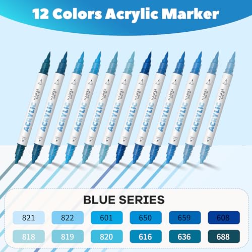 Blue Acrylic Paint Pens, Water Based 12 Colors Dual Tip - color: Blue Series