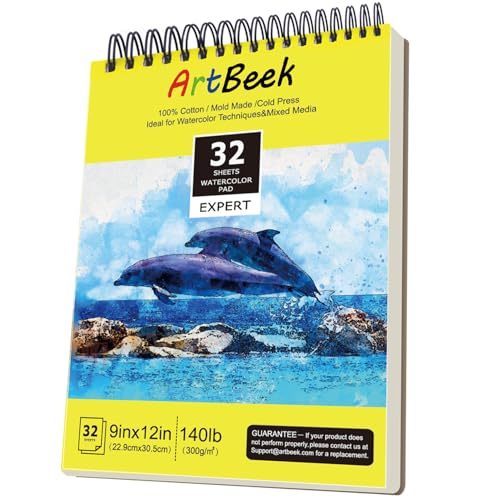 ArtBeek 100% Cotton Watercolor Pad, 140lb/300gsm Cold Press 9x12 32 Sheets - size: Cold Press Spiral 9x12