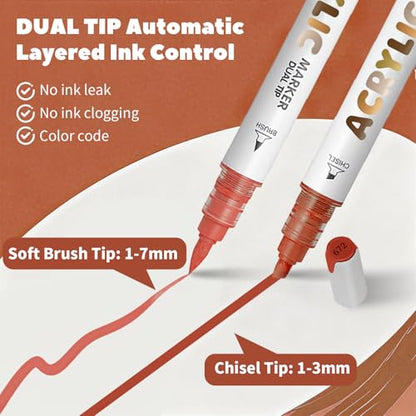 Reddish Brown Acrylic Paint Pens, Water Based 12 Colors Dual Tip - color: Reddish Brown Series