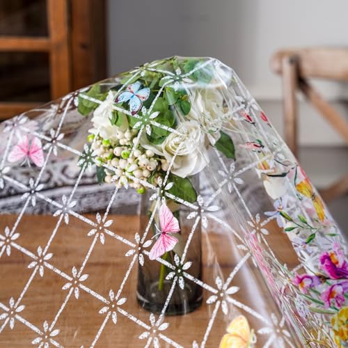 ARTABLE Clear Vinyl Tablecloth Floral Grass Print Wipeable 60 x 84 Inch - color: Flowers, size: 84" x 60" (Rectangular)
