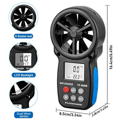 Anemometer Handheld, INFURIDER CFM Meter, Digital Wind Speed Meter, HVAC Air Flow Meter with Temperature and Wind Chill, Anemometer with Backlight and Max/Min - color: 1.YF-866B(Basic)