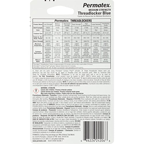 Permatex 24206 Medium Strength Threadlocker Blue, 2.5 ml, Automotive Threadlocker For Preventing Bolts From Loosening And Corrosion, Removable With Hand Tools - size: 2.5 ml, style: Liquid - Medium Strength
