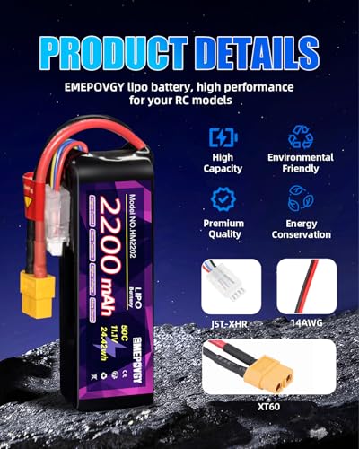 11.1V Lipo Battery Pack 3S 2200mAh 50C with XT60 Plug for FPV Drone Quadcopter RC Airplane Aircraft(2 Packs)