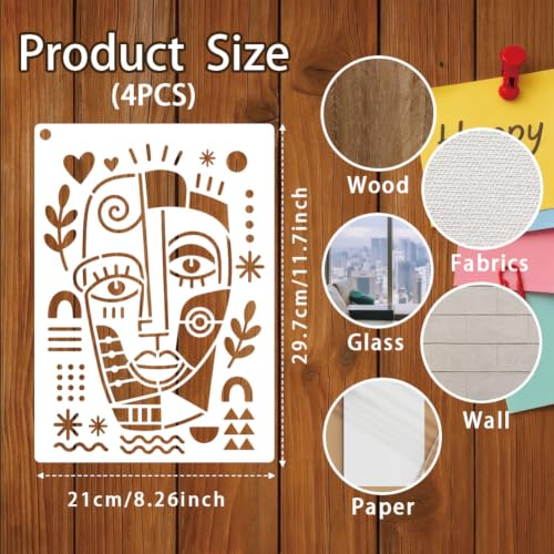 4 Sheets Abstract Face Pattern Stencil for Painting, Modern Geometric Human Face Silhouette Drawing Stencil Reusable Art Template for Painting on Tile Wall Floor Scrapbooking