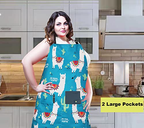 Plus Size Adjustable Bib Apron Water Resistant Canvas Extra Wide Long Ties Aprons with 2 Pockets Kitchen Cooking Gardening - color: Llama