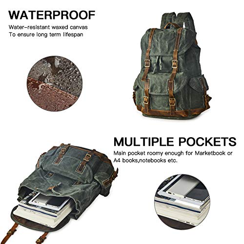 Heavy-Duty Waxed Canvas Rucksack Backpack - color: Green, size: 400 x 340 x 190 mm - Standard