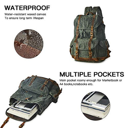 Heavy-Duty Waxed Canvas Rucksack Backpack - color: Green, size: 400 x 340 x 190 mm - Standard