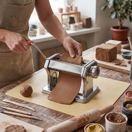 11 Pcs Polymer Clay Roller Machine Set, Stainless Steel Clay Press Machine with 6 Thickness Settings, Handbuilding Kit with Sculpting Tools Silicone Mat and Canvas Cloth for DIY Crafts