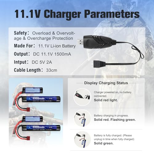 Airsoft Battery 3300mAh High Capacity 11.1V Nunchuck RC Battery with Dean-Style T Plug & Mini Tamiya Cable 3S Butterfly Stick Airsoft Li-Ion Fit for aeG AK47 M4 MP5 and Most Airsoft Gun Rifle