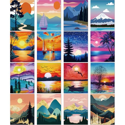 AmazingSpark 16 Pcs Pre Drawn Canvas to Paint for Adults Mountains Lakes - style: Mountains Lakes