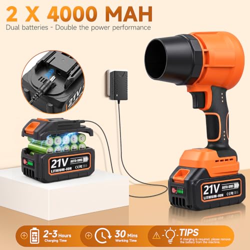 Leaf Blower Cordless Battery Charger, Electric Leaf Blower Cordless Powerful, Powerful Battery Powered Leaf Blower Powerful Brushless Motor High Speed Blowers Tool Orange