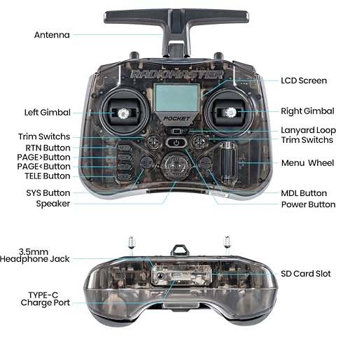 Radiomaster Pocket ELRS Remote Controller Portable Hall Gimbal EdgeTX Transmitter with LED Light for FPV Drone/RC Helicopter&Car Boats&Multirotor (Battery Not Included) - color: Black
