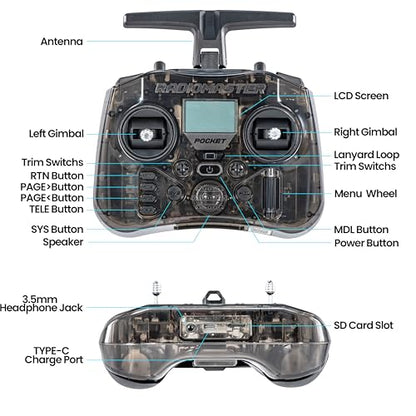 Radiomaster Pocket ELRS Remote Controller Portable Hall Gimbal EdgeTX Transmitter with LED Light for FPV Drone/RC Helicopter&Car Boats&Multirotor (Battery Not Included) - color: Black