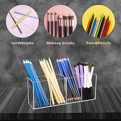 QPEY Acrylic Pen Holder 4 Compartments,Clear Pen Holder Makeup Brush Holder