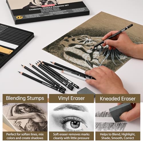 GETHPEN Charcoal Pencils for Drawing, S-Soft, Soft, Medium, Hard, 27Pcs