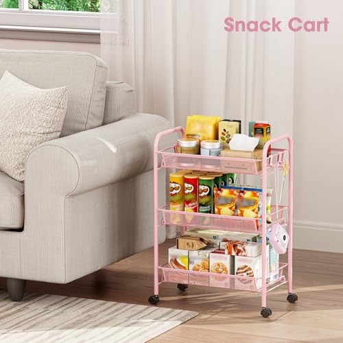TOOLF 3 Tier Rolling Cart, Metal Utility Storage Cart with Wheels, Pink - color: Pink, size: 3-Tier