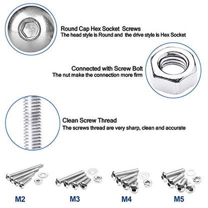 NINDEJIN 880 PCS M2 M3 M4 M5 Hex Socket Button Head Screws Bolts Nuts Kit - size: 880 Hex Round Head Socket Screws Nuts