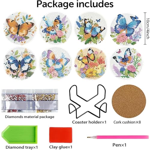 cupmod 8PCS Butterfly Diamond Art Coaster Kits for Adults,Diamond Painting Coasters with Holder, Crafts Kits for DIY Coasters Diamond Art Kits for Adults - color: Jxbd53
