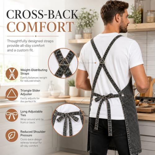 Denim Apron, Waist Apron with Pockets and Adjustable Long Ties - color: Black, size: Large