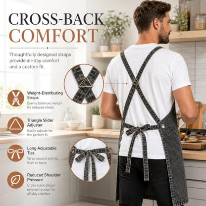 Denim Apron, Waist Apron with Pockets and Adjustable Long Ties - color: Black, size: Medium