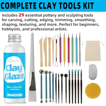 CALPALMY 100ml Air Dry Clay Glaze and 29pcs Clay Tools Kit, Gloss Varnish - color: Gloss, size: 100ml + 29pc Tools