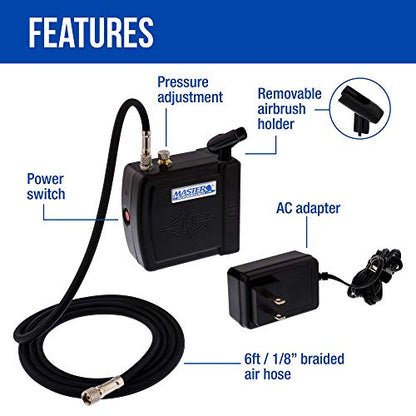 Master Model C16-B - Black Mini Airbrush Air Compressor with 6 Foot Braided