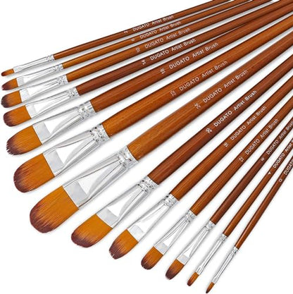 DUGATO Filbert Paint Brush Set, 13-Piece Long Wood Handle with Nylon Hair