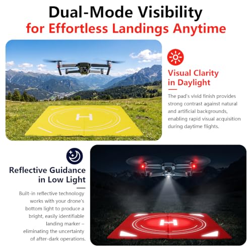 Night Reflective Drone Landing Pad, Foldable Quick-Fold Heavy-Duty Double-Sided Launch Pad (25 inch), Waterproof and Dirt-Resistant Portable, Drone Accessory - Yellow/Red - color: Yellow/Red-25inch