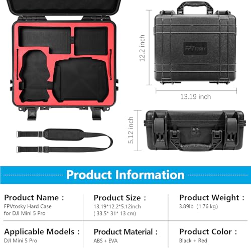 FPVtosky Dual Layer Hard Case for DJI Mini 5 Pro [CASE ONLY], Waterproof Carrying Case for Mavic Mini 5 Pro/Fly More Combo/Plus Drone, Compatible with DJI RC 2 or RC-N3 Controller Accessories