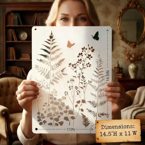 Botanical Wall Stencil Kit for Painting - Large Reusable Plastic Fern, Leaf & Flower Templates, 6 Pack DIY Seamless Stencils for Crafts, Canvas & Home DéCor Art - size: 14.5in x 11in