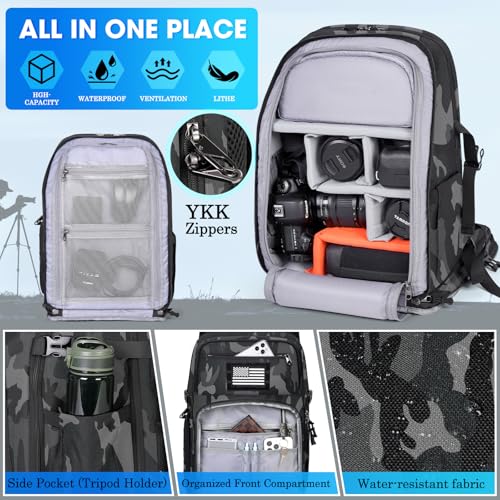 SDYSM Waterproof Camera Backpack 15.6 Inch,Camera Bags for Photographers - color: Camouflage Grey