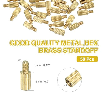 PATIKIL M2 x 5+3 mm Male Female Brass Hex Spacer Standoff, 50 Pcs for FPV Drone Quadcopter PCB Motherboard Steel Screw Nut Set Computer & Circuit Board, Gold - size: M2 x 5+3 mm