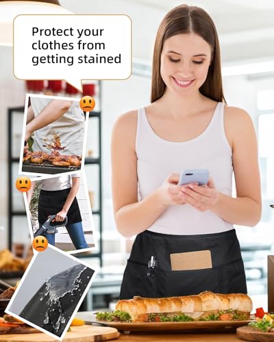 Argstar 2 Pack Server Apron with 4 Pockets, Waitress Waiter Waist WaterDrop Resistant Short Aprons - color: Black
