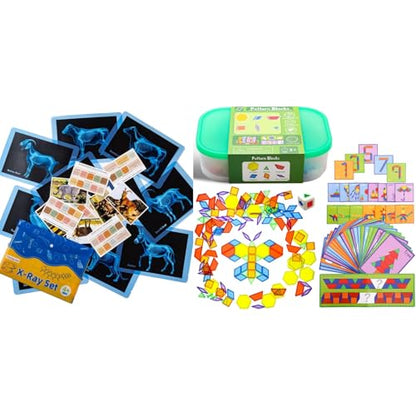 Farm Animal Xrays - 140 Pcs Translucent Pattern Blocks, Sensory Light Table Toy Set for Kids, Artist Tracing Light Box, LED Light Up Sensory Table Toys