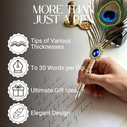 Joyeee Peacock Feather Pen and Ink Set, Writing Set for Lettering - color: Peacock Feather Pen and Ink Set