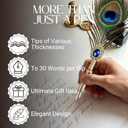 Joyeee Peacock Feather Pen and Ink Set, Writing Set for Lettering - color: Peacock Feather Pen and Ink Set