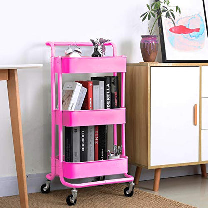 3-Tier Metal Mesh Rolling Cart Storage Organizer with Utility Handle and Wheels, Pink - color: A- Pink