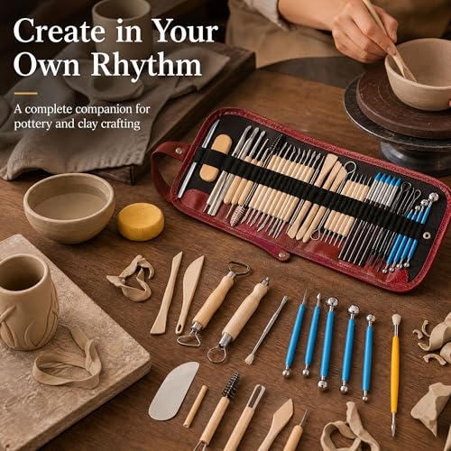 52PCS Clay Tools Kit, Clay Sculpting Tools Kit with Hole Puncher, Wooden Handle, Pottery Tools for Potters, Beginners & Professionals